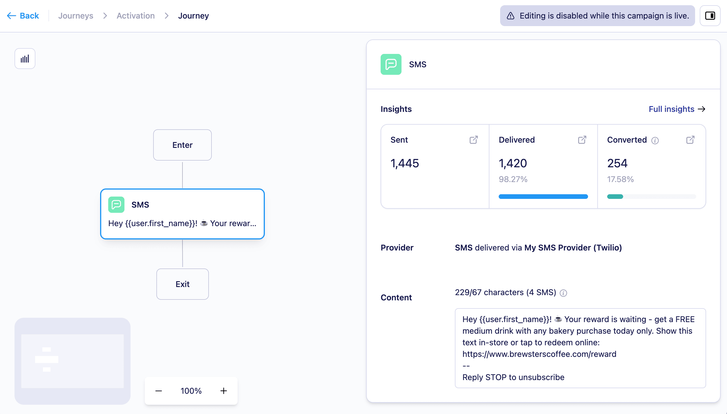 View SMS node reporting in the Journey canvas