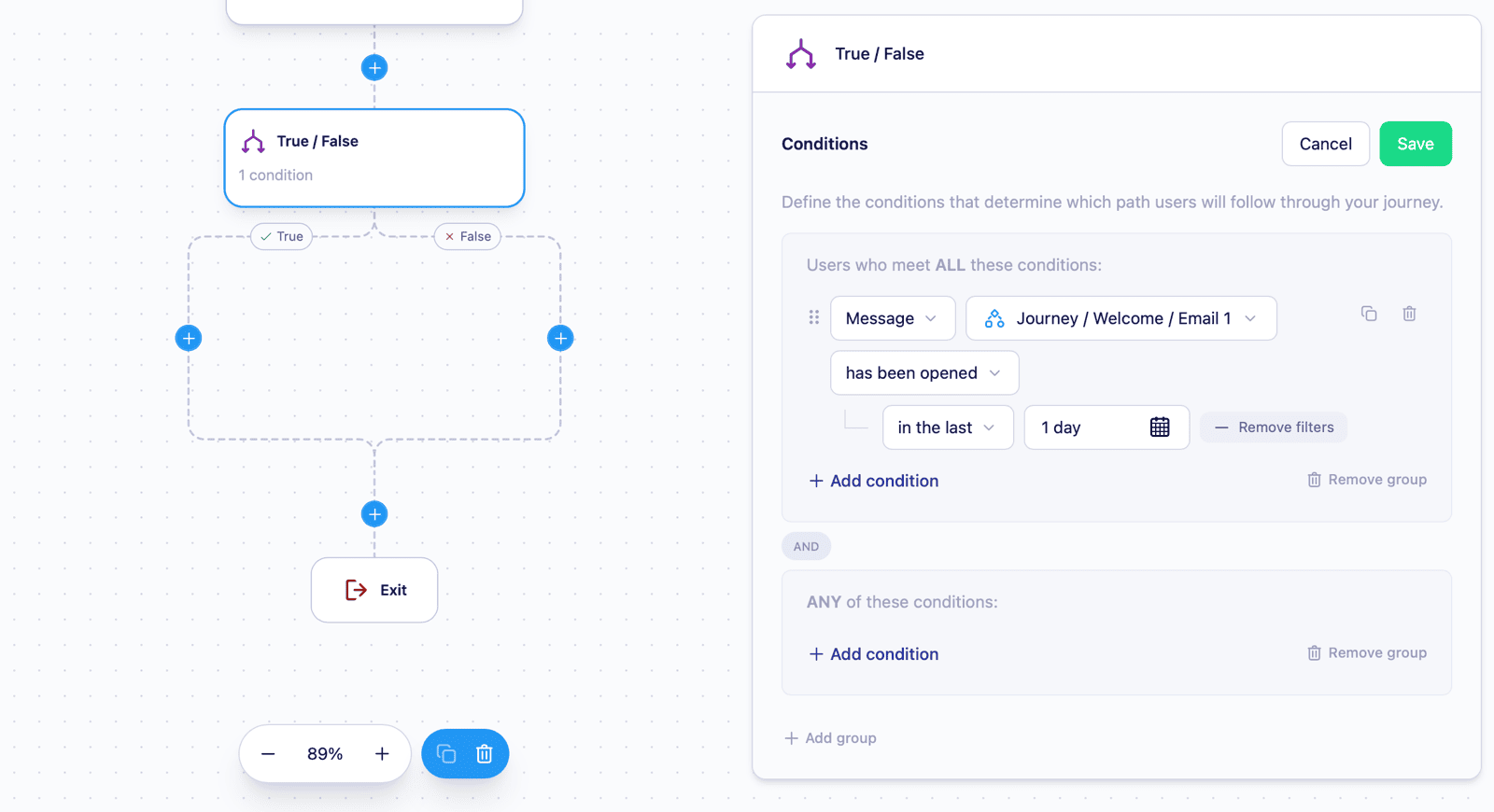 True/False node added to the canvas with true and false paths automatically joined below