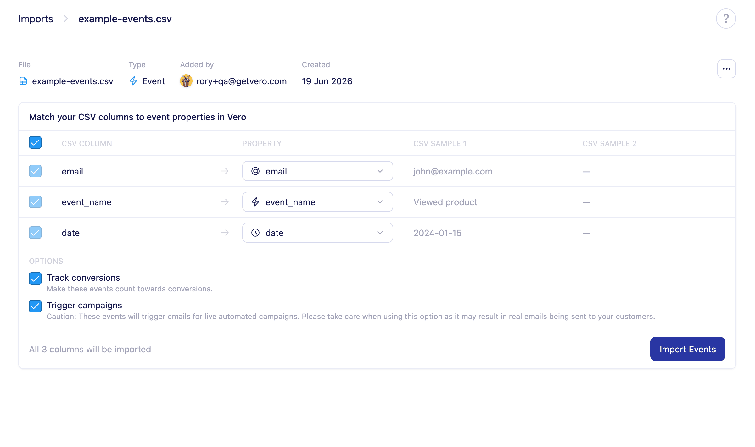 The events mapping screen with Track conversions and Trigger campaigns enabled