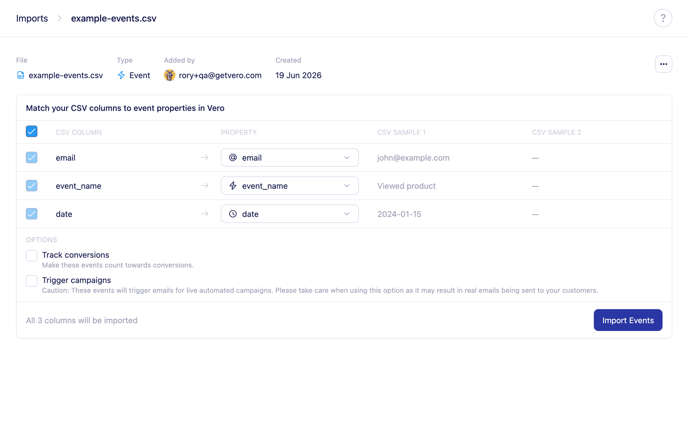 The column mapping step during an events import