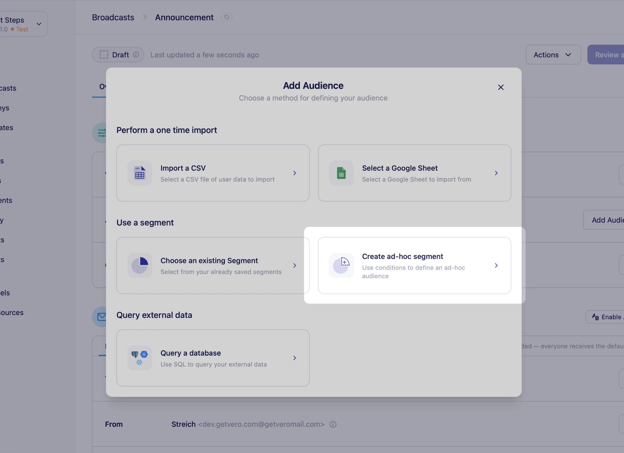 Add Audience dialog with the Create ad-hoc segment option highlighted under Use a segment