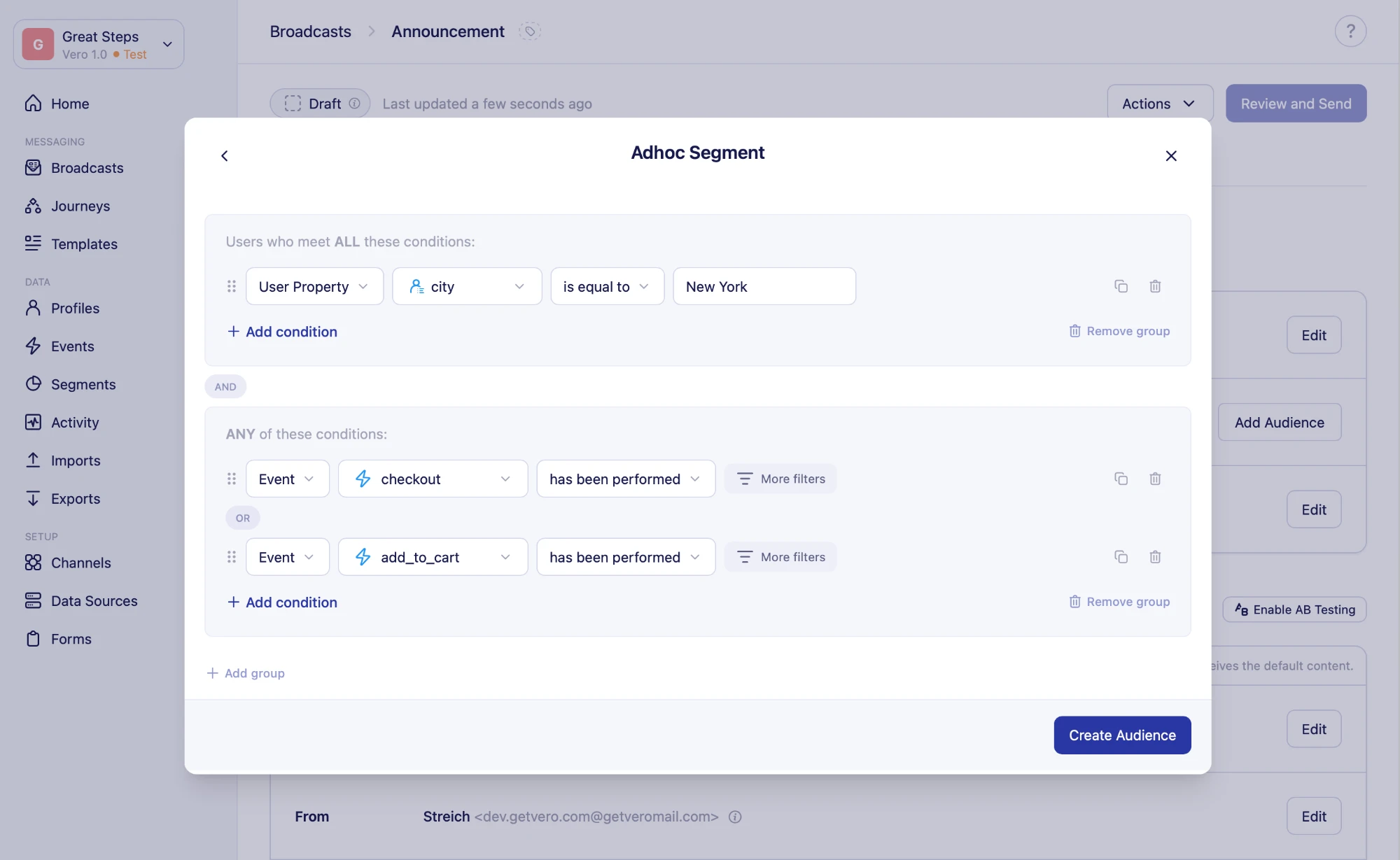 Adhoc Segment dialog with a city user property condition in the ALL group and checkout or add_to_cart event conditions in the ANY group