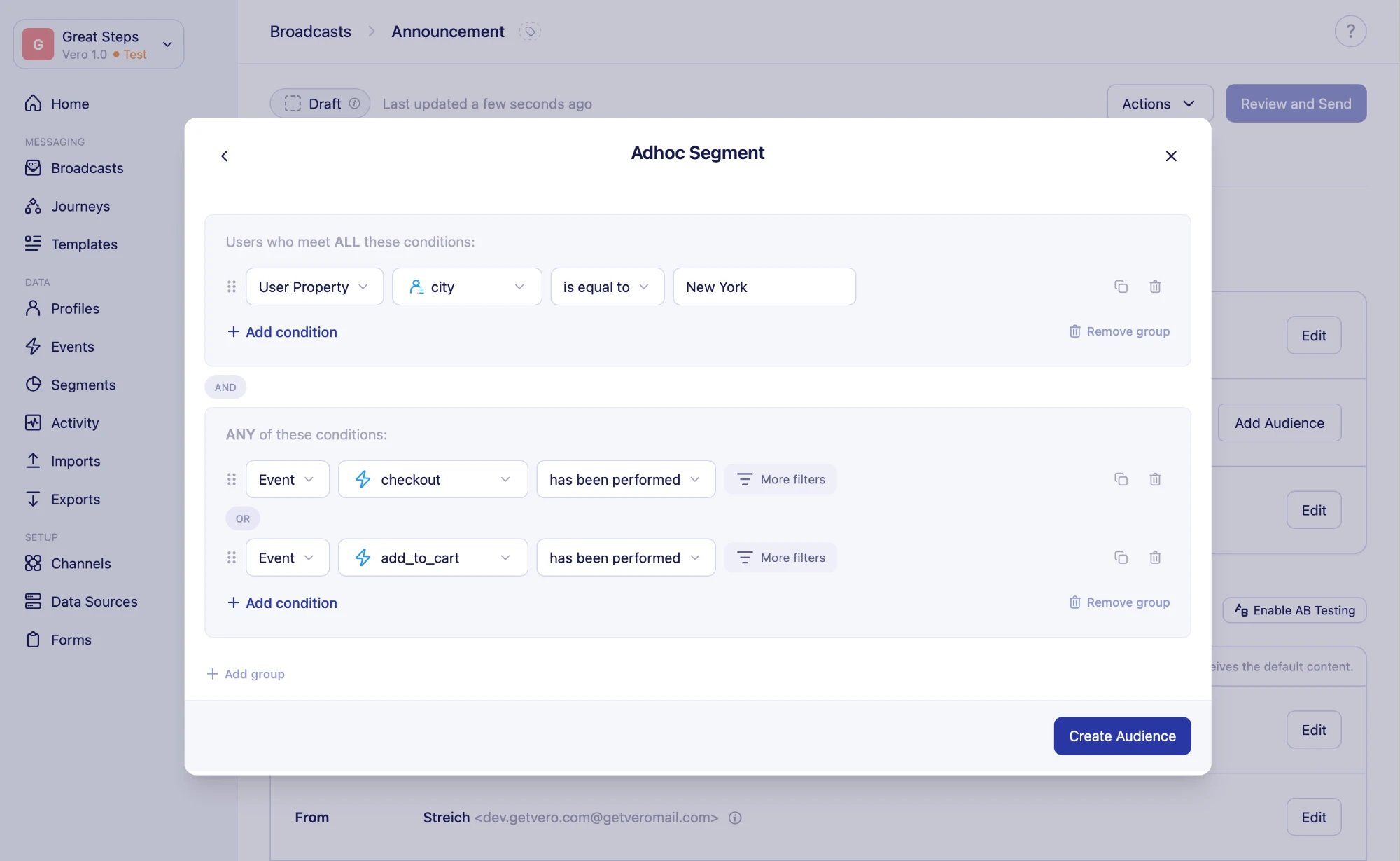 Adhoc Segment dialog with a city user property condition in the ALL group and checkout or add_to_cart event conditions in the ANY group