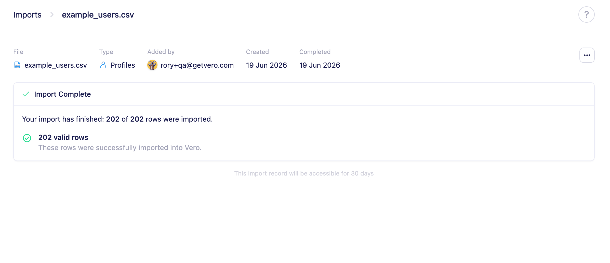 The import summary page showing 202 of 202 rows imported
