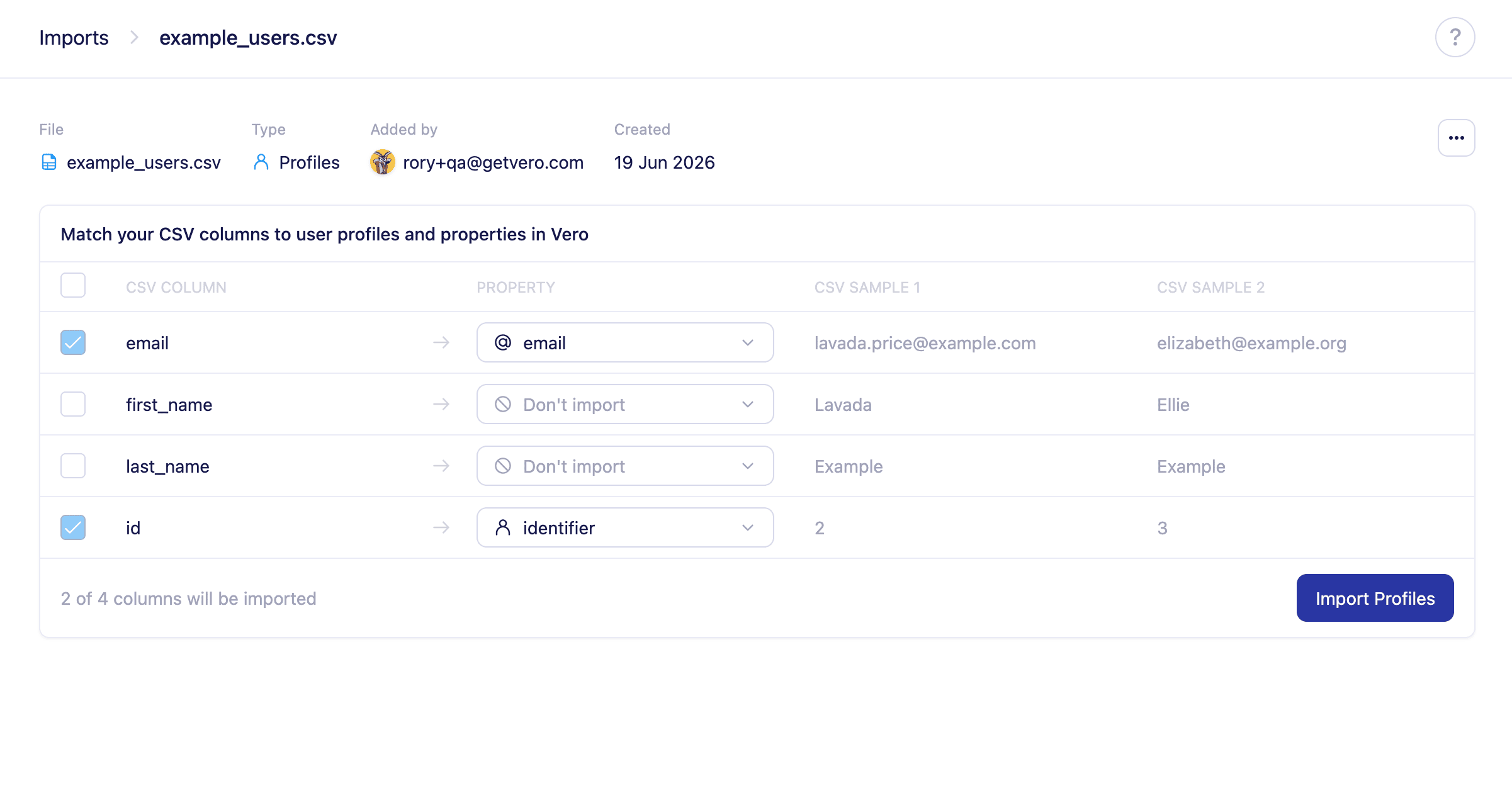 The column mapping step during a profile import