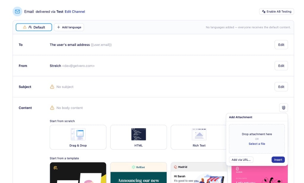 The Add Attachment panel, with options to drop a file, select a file, or add via URL
