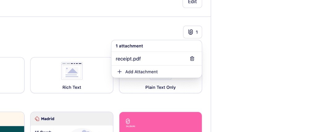 The attachments panel showing one attached file, receipt.pdf