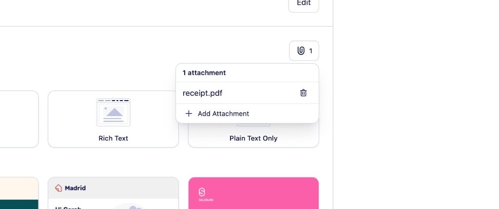 The attachments panel showing one attached file, receipt.pdf