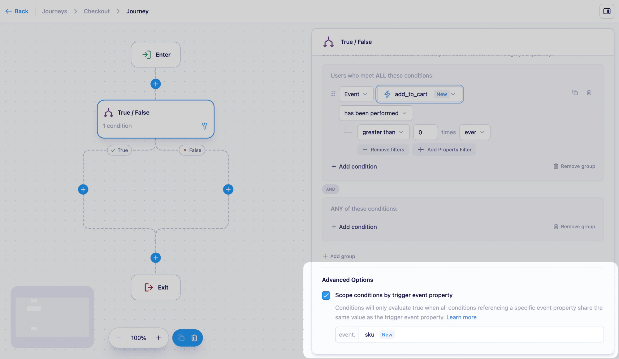 Advanced options section expanded in the true/false node conditions panel