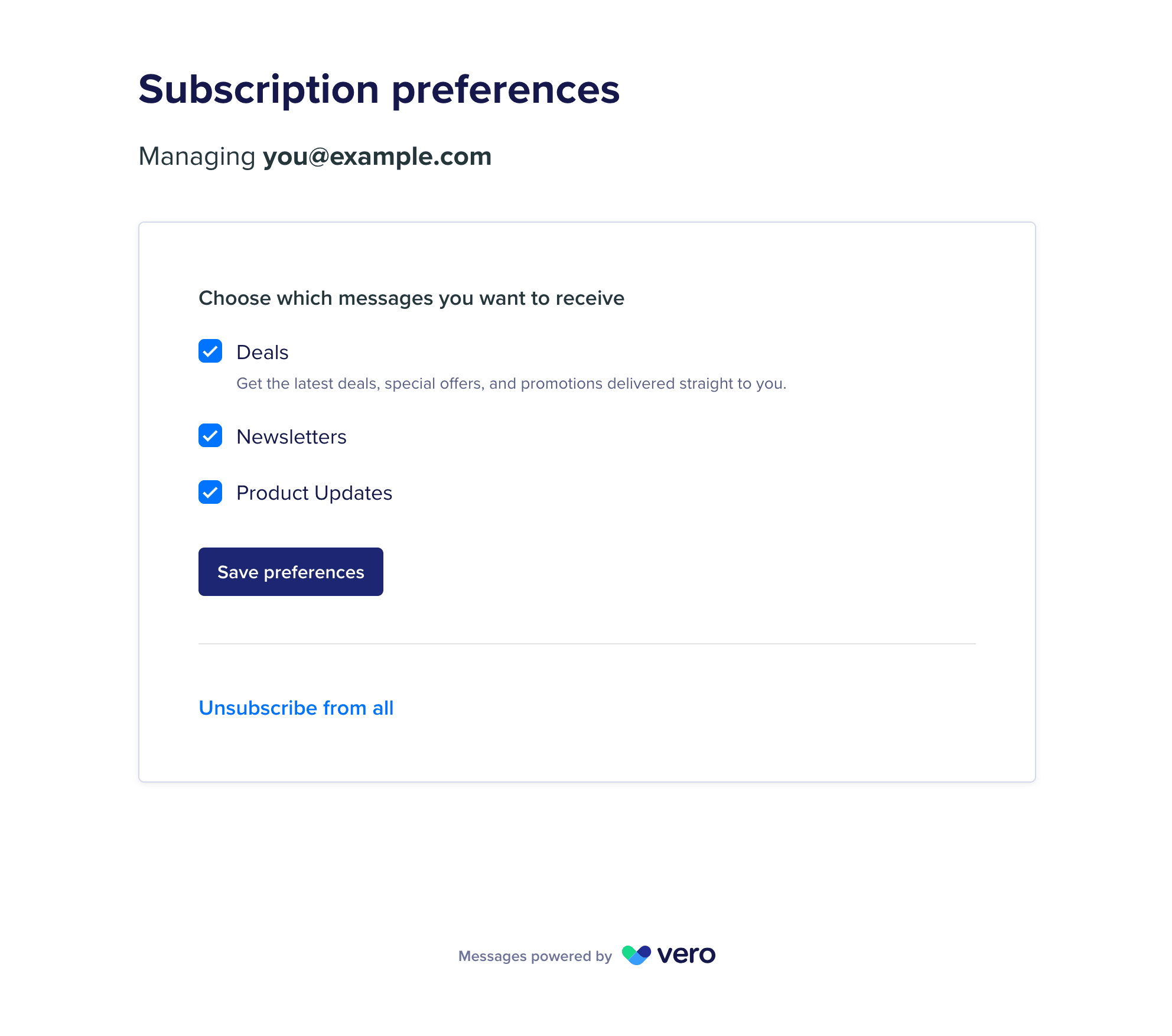 The preference center showing a checkbox for each topic, a Save preferences button, and an Unsubscribe from all link