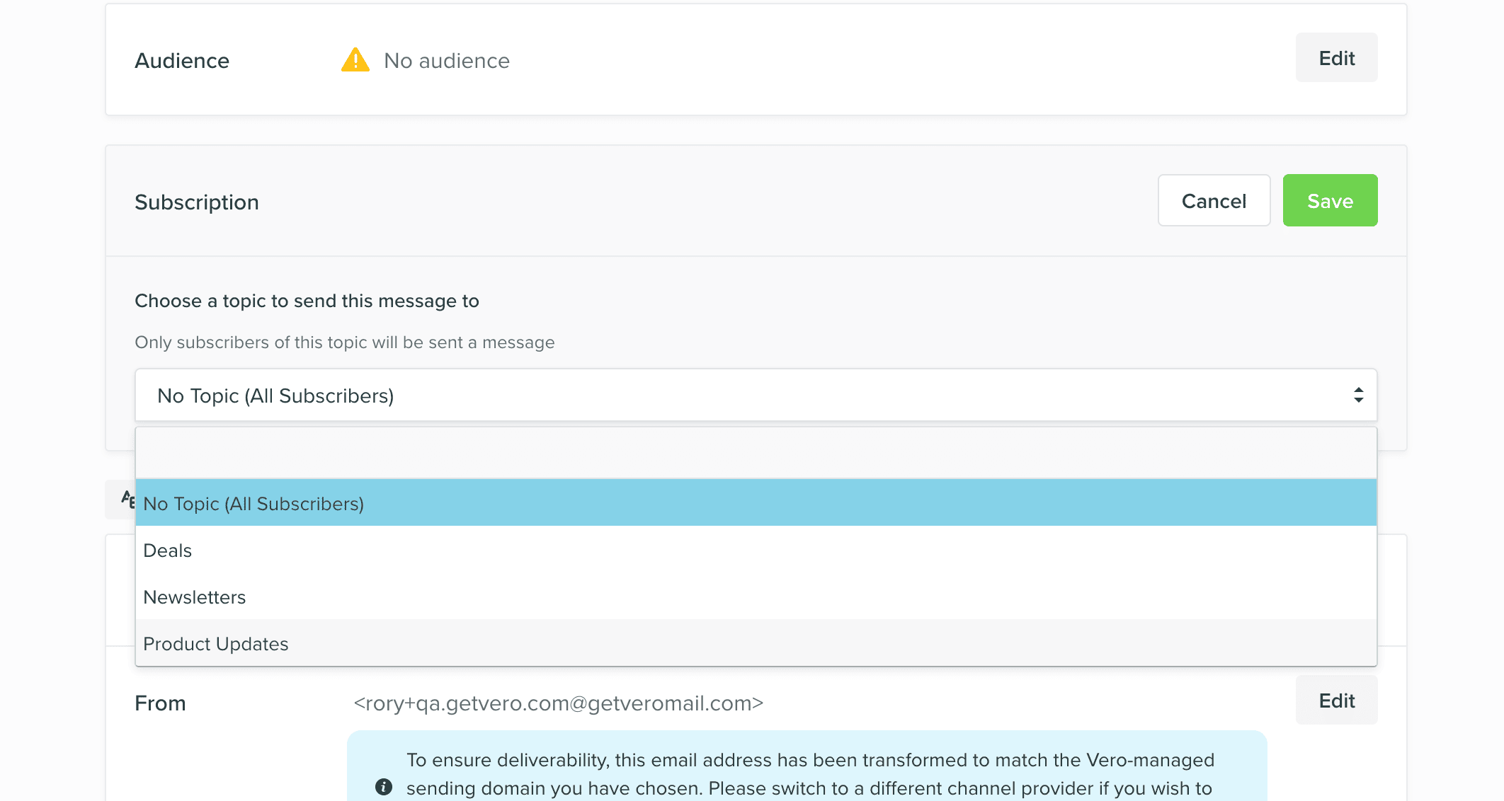 The topic dropdown open on a Newsletter, listing No Topic (All Subscribers) above the project's topics