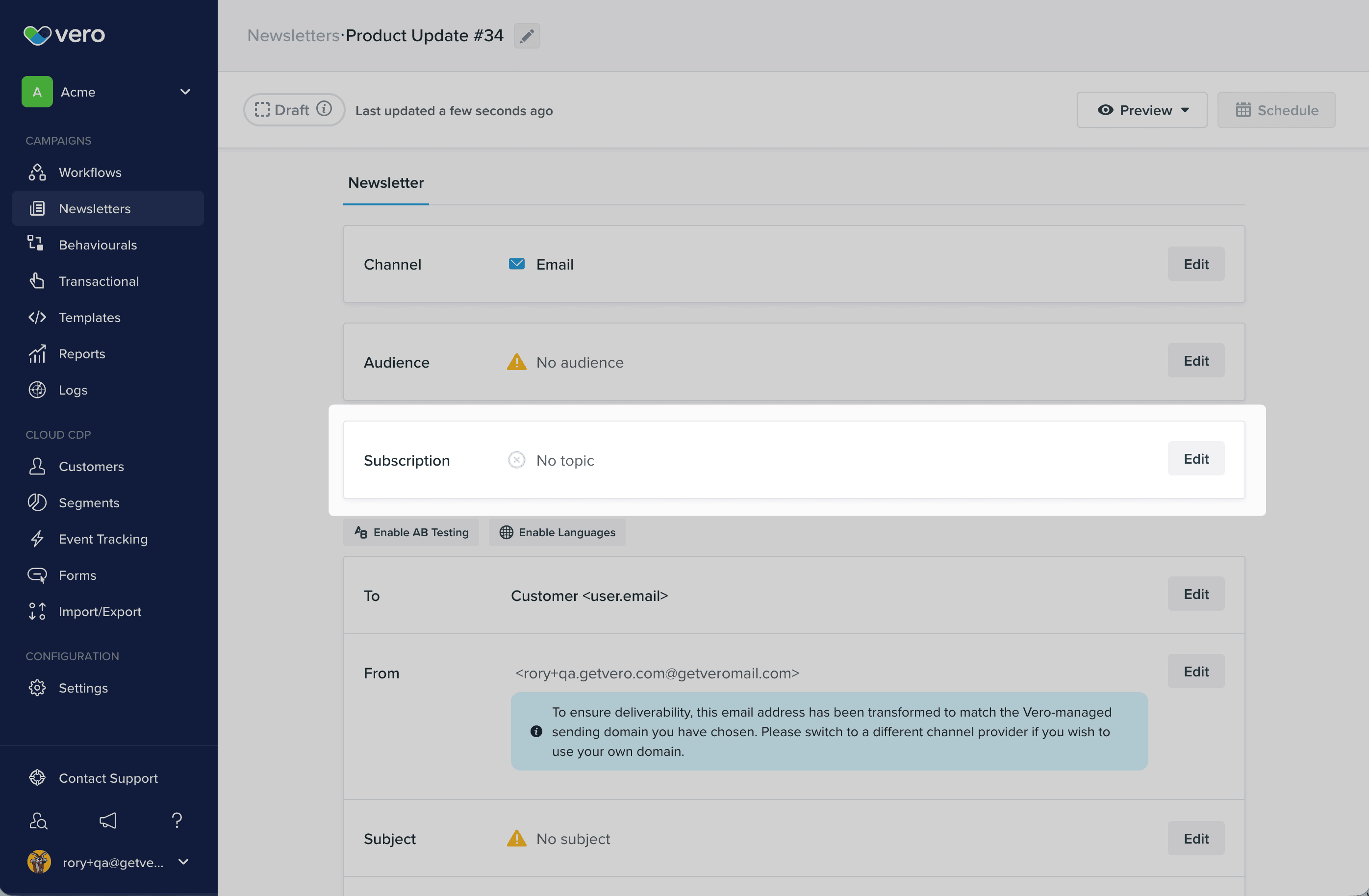 The Subscription panel on a Newsletter, showing No topic and an Edit button