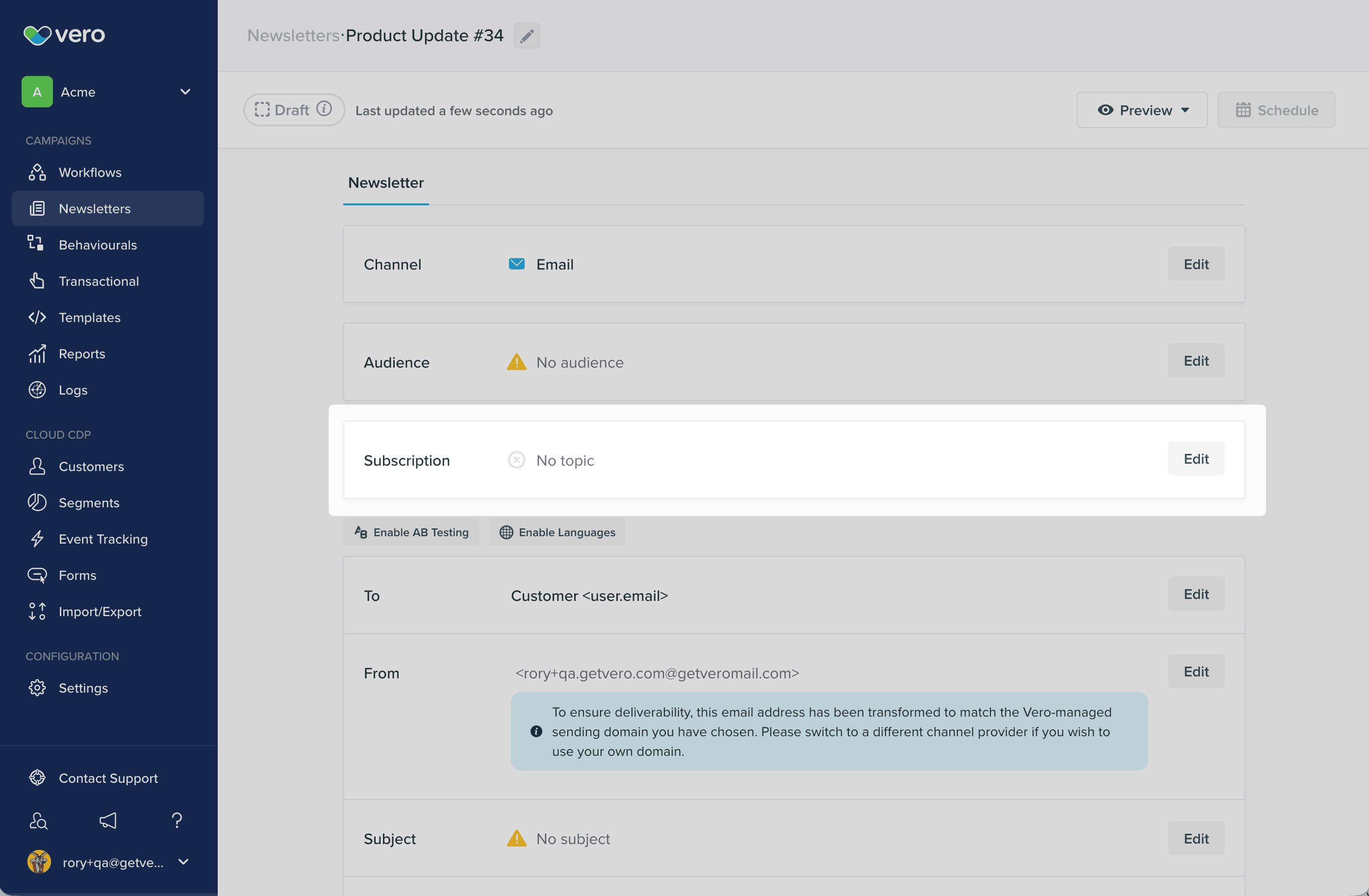 The Subscription panel on a Newsletter, showing No topic and an Edit button