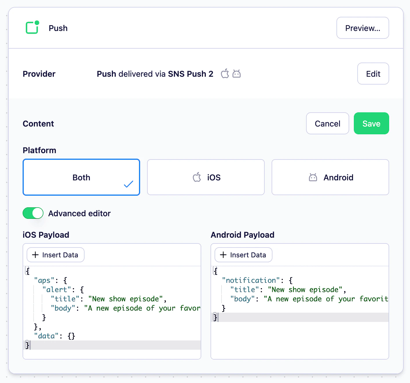Advanced push content editor