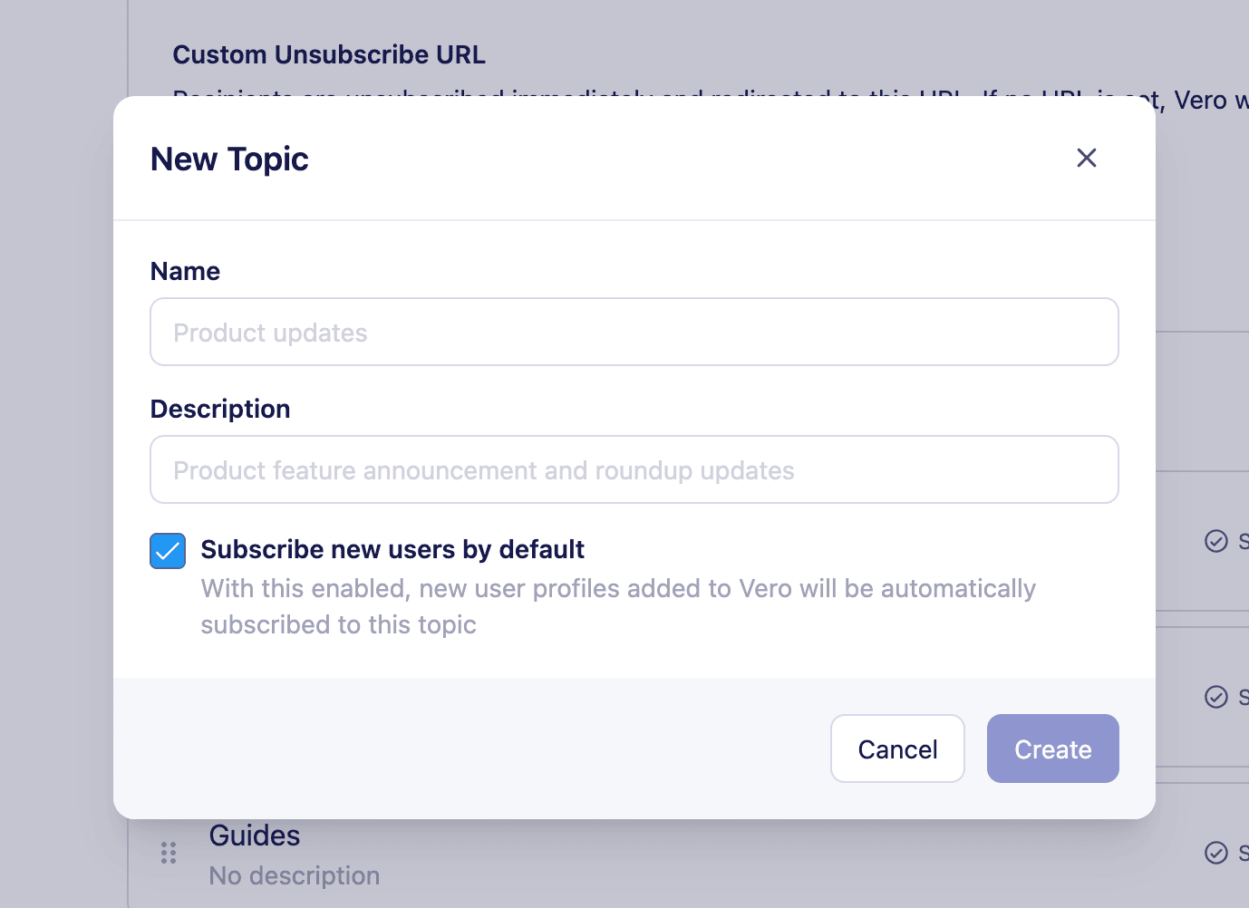 The New Topic dialog with Name and Description fields and the Subscribe new users by default checkbox ticked