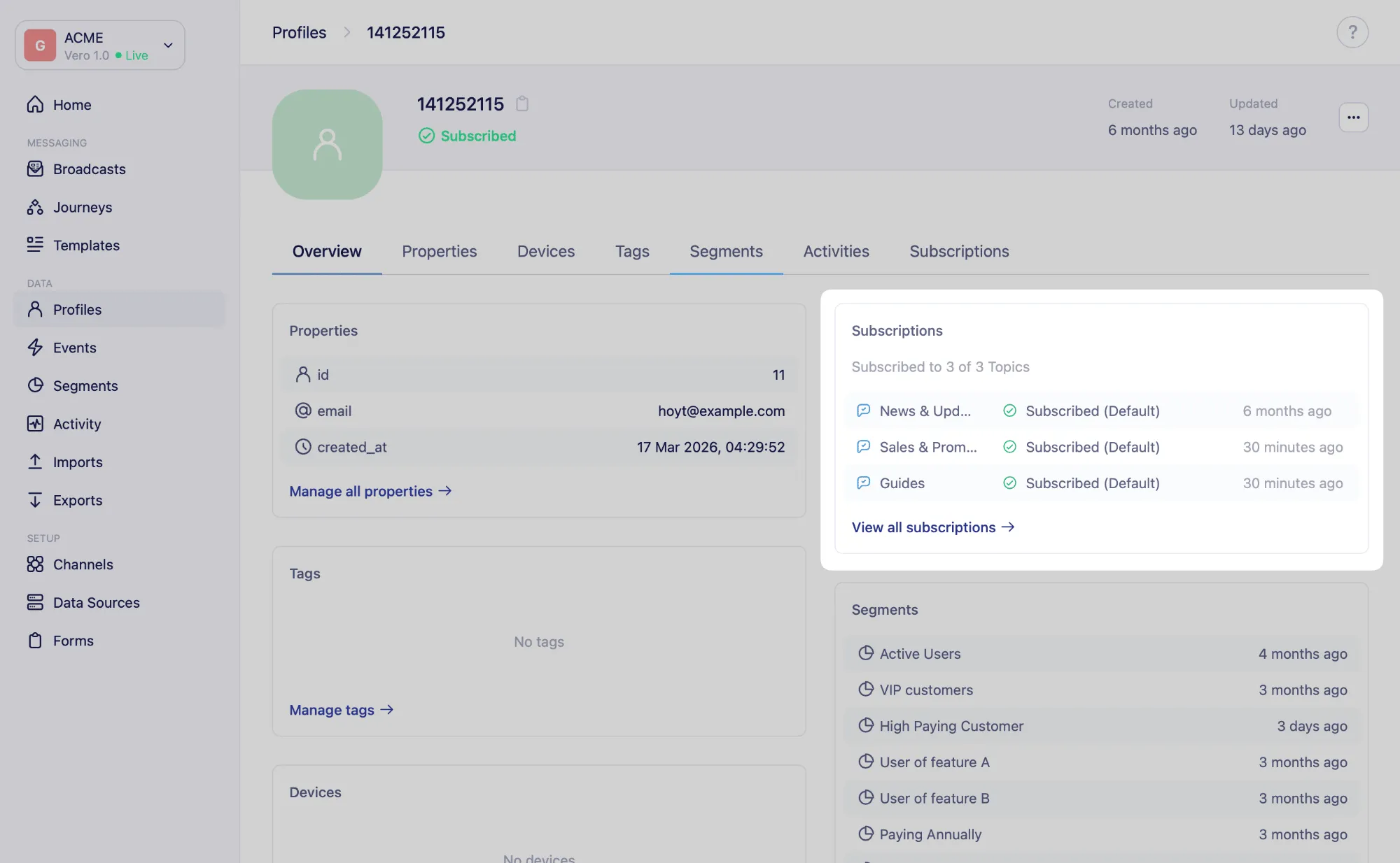 The Subscriptions panel on a profile's Overview tab, showing Subscribed to 3 of 3 Topics, each topic marked Subscribed (Default), and a View all subscriptions link