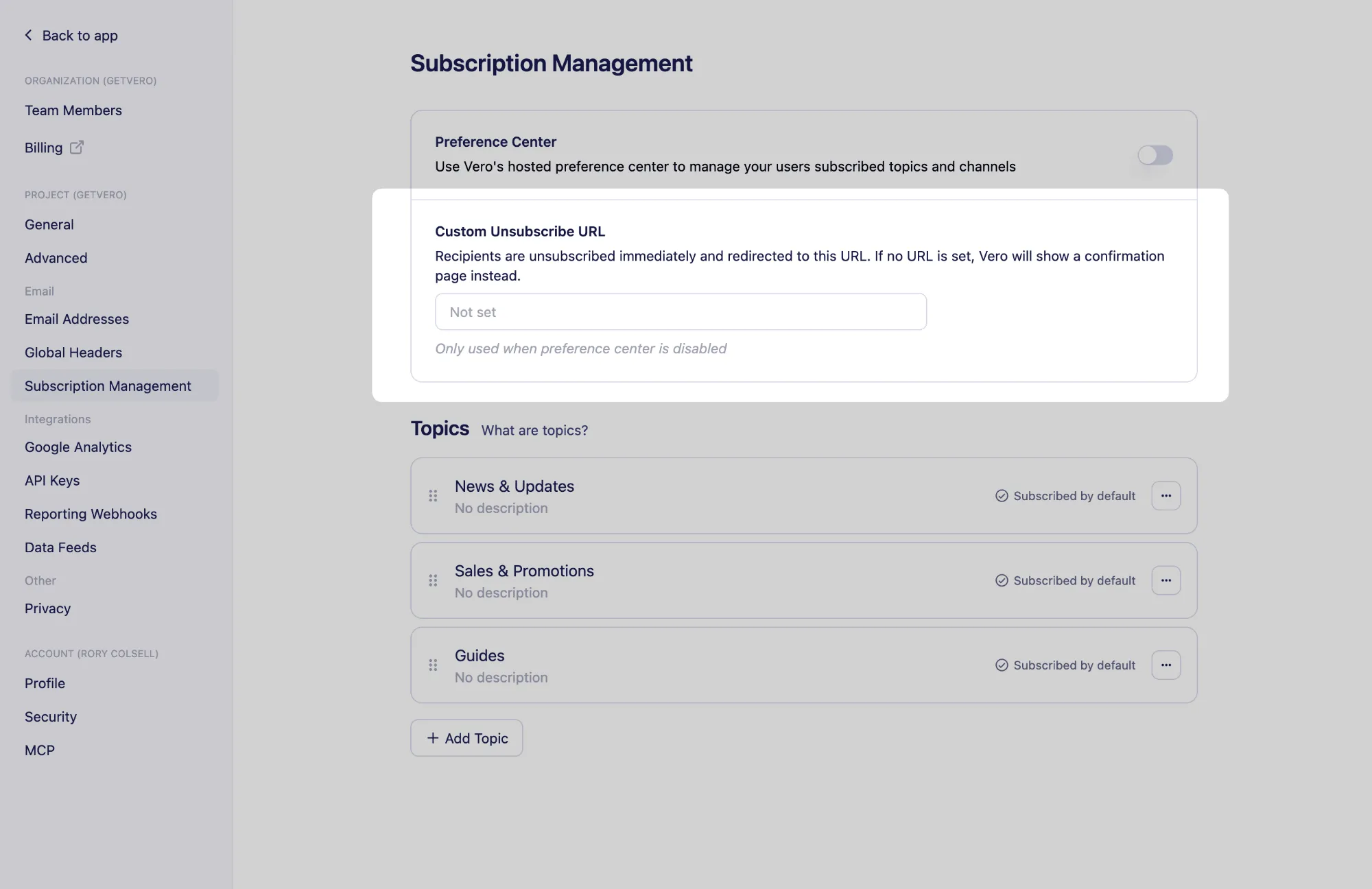 The Custom Unsubscribe URL field on the Subscription Management settings page, showing Not set