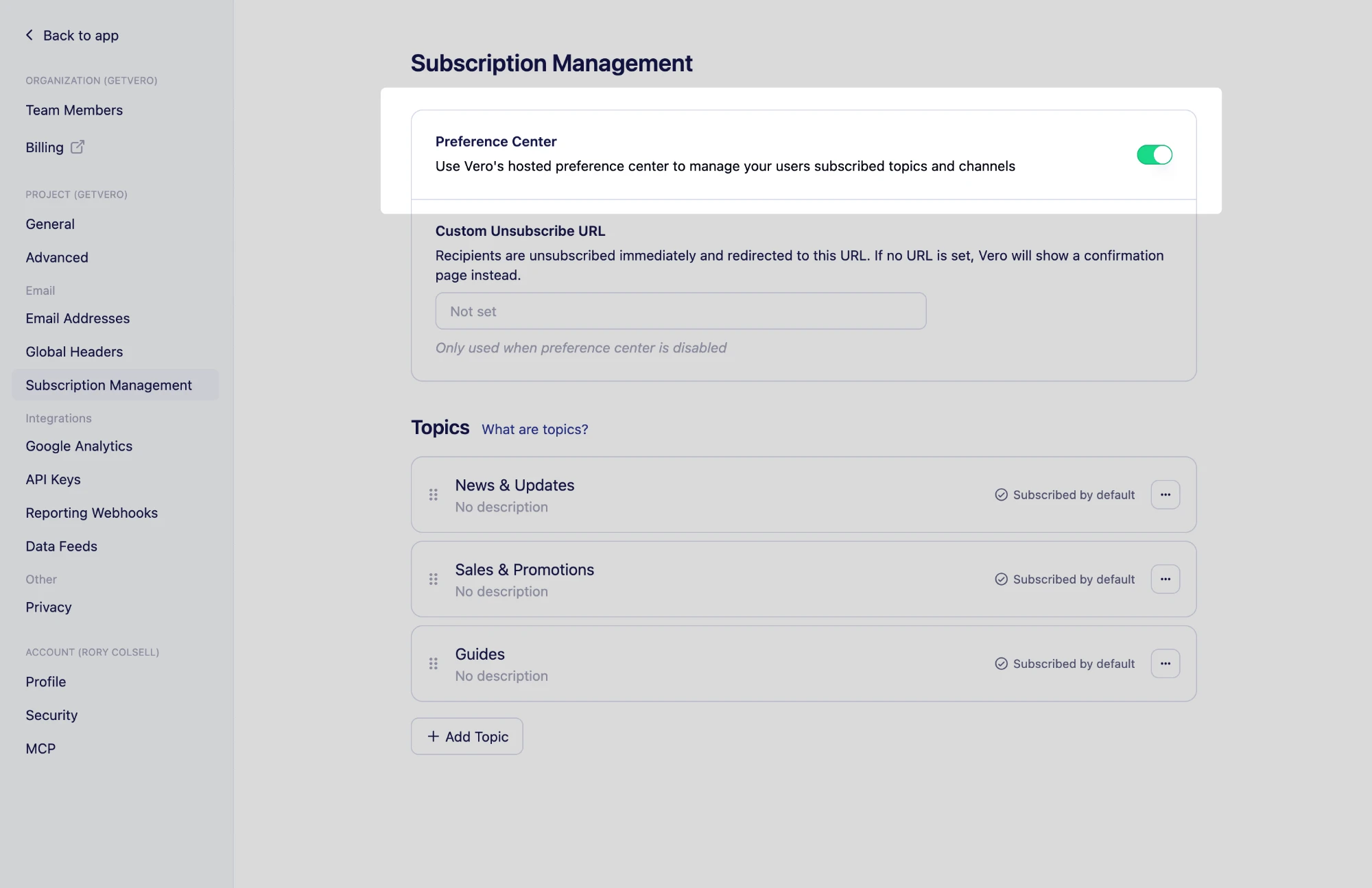 The Preference Center switch turned on at the top of the Subscription Management settings page