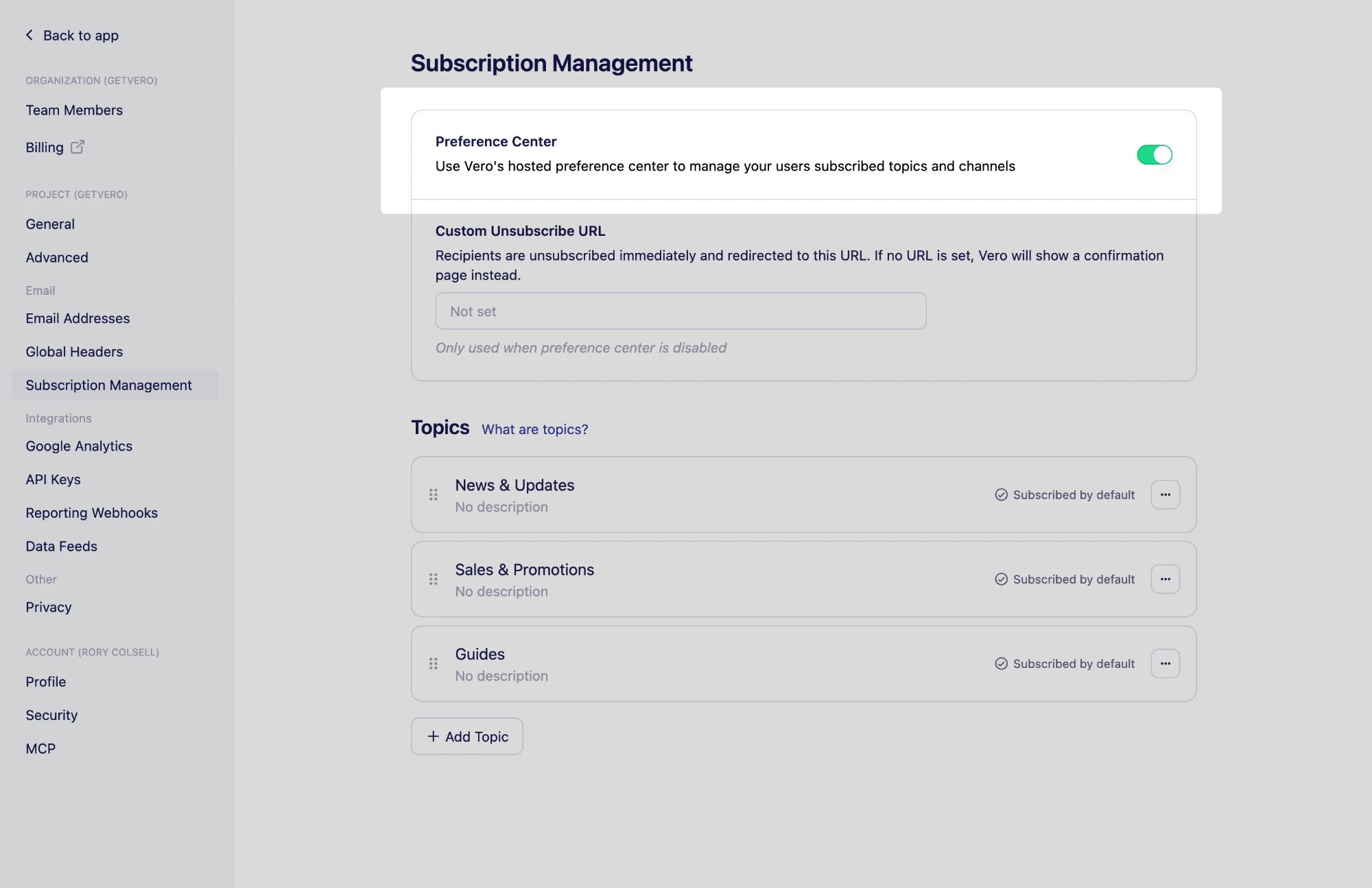 The Preference Center switch turned on at the top of the Subscription Management settings page