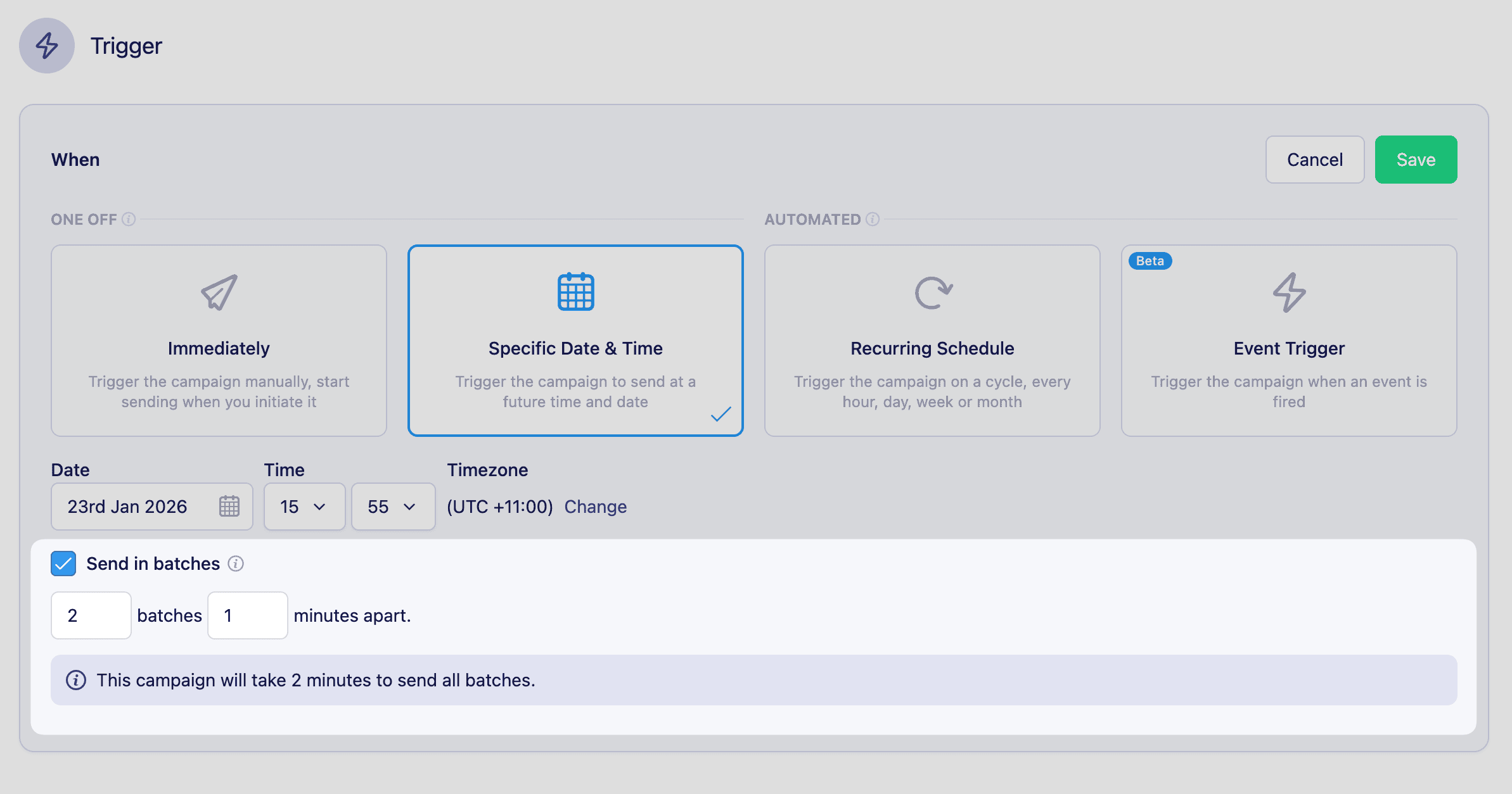 Batch sending options in the trigger settings