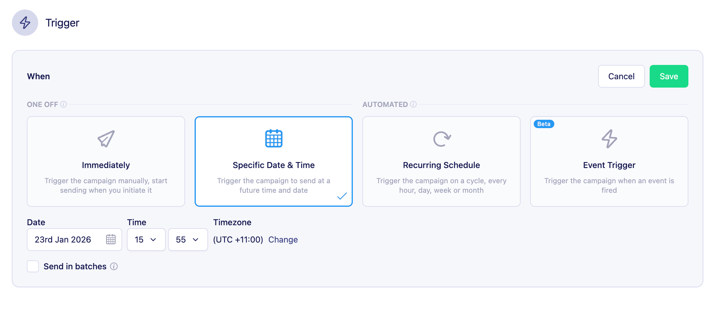 Batch sending options in the trigger settings