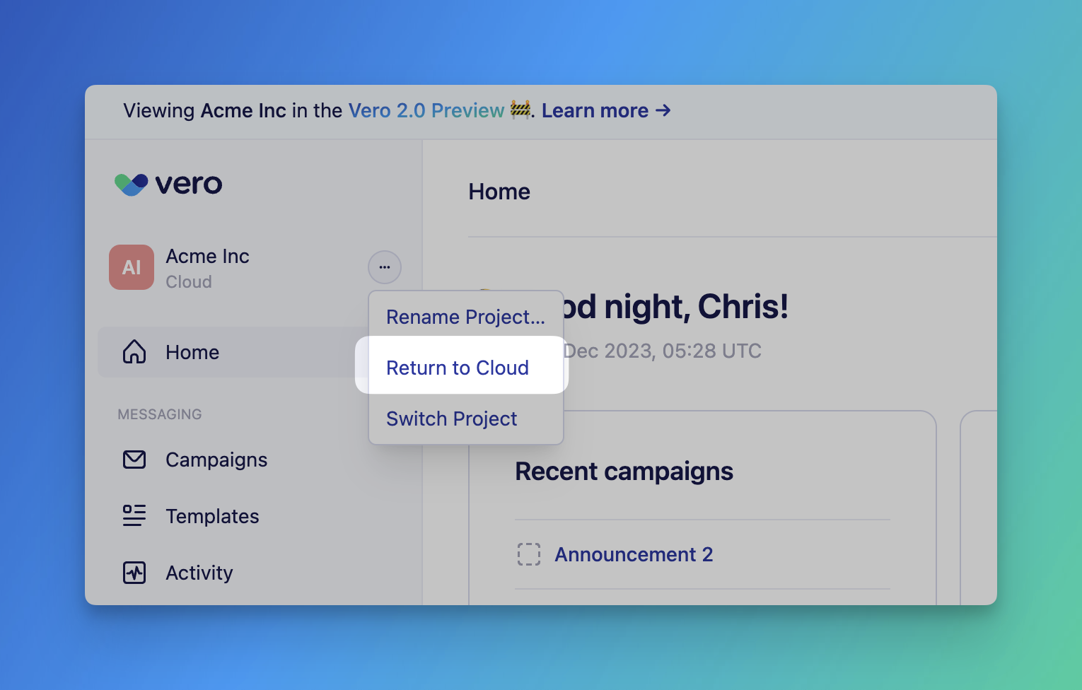 Return to Vero Cloud