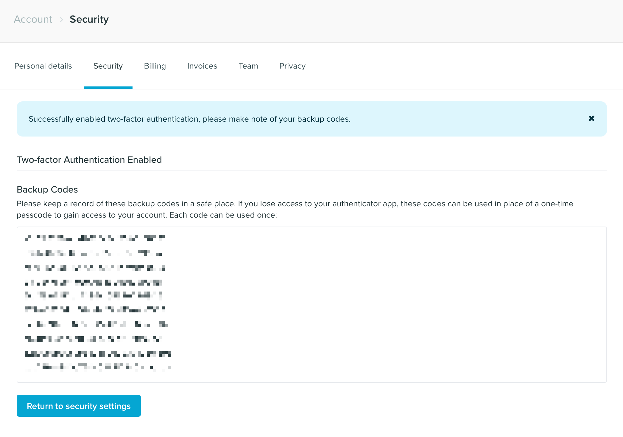 recovery codes 2fa page
