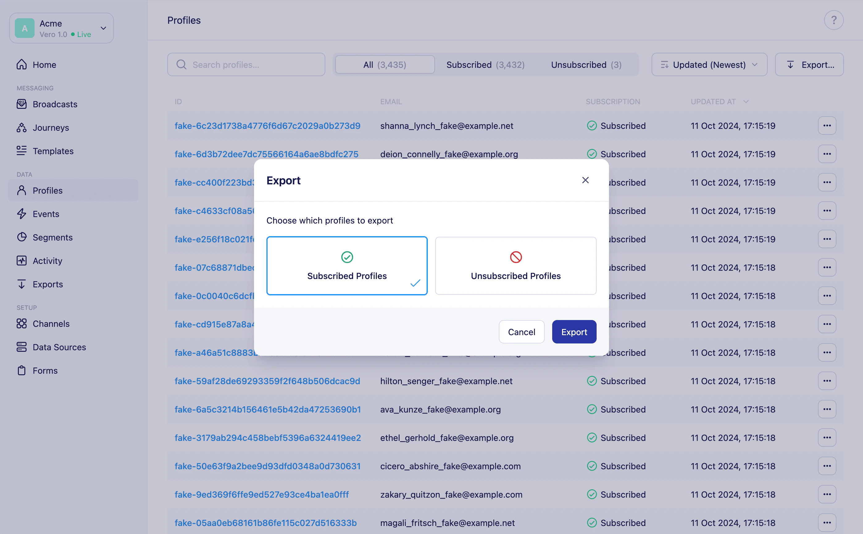 Export modal on the Profiles page showing Subscribed and Unsubscribed options