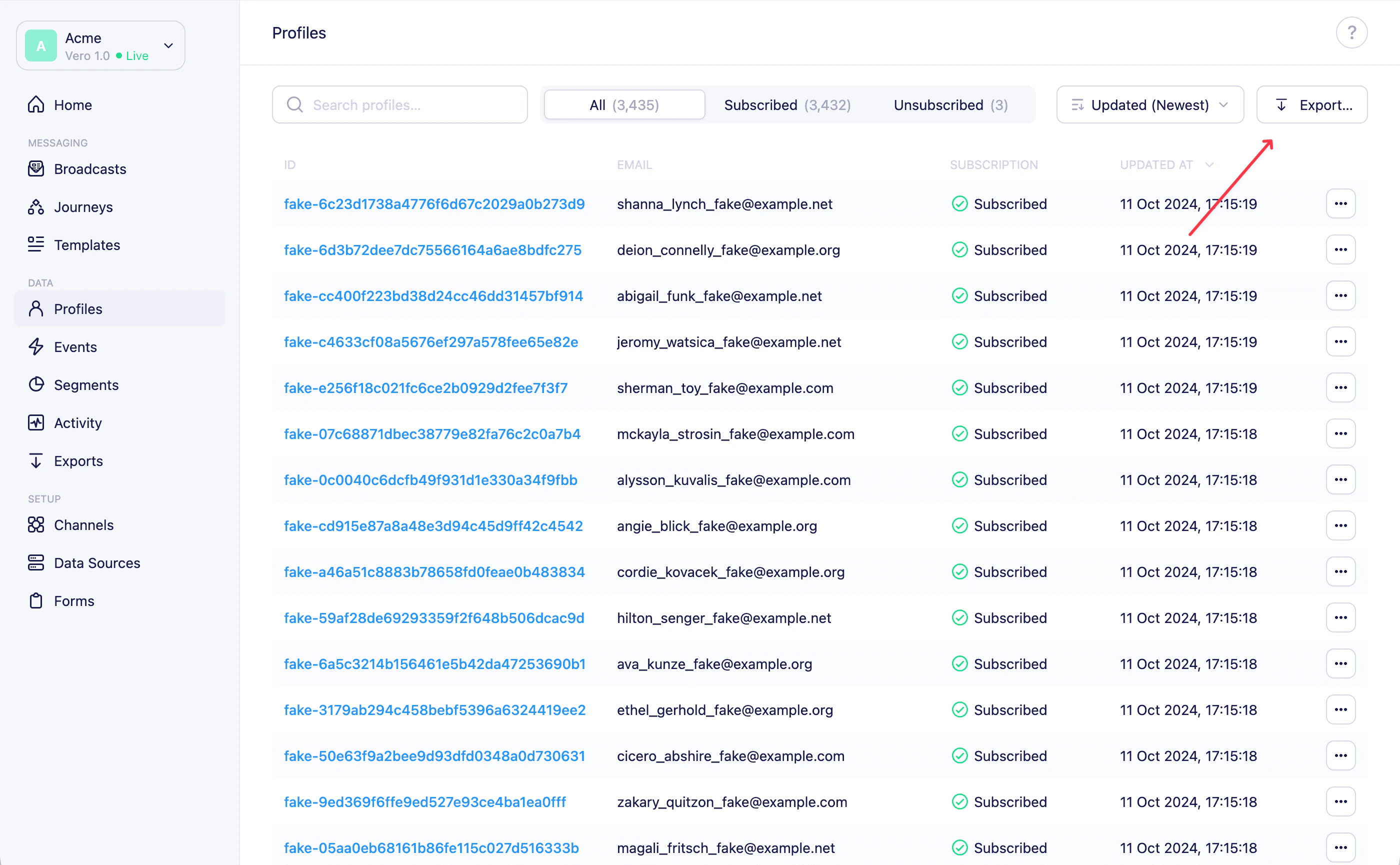 Profiles page with the Export button highlighted