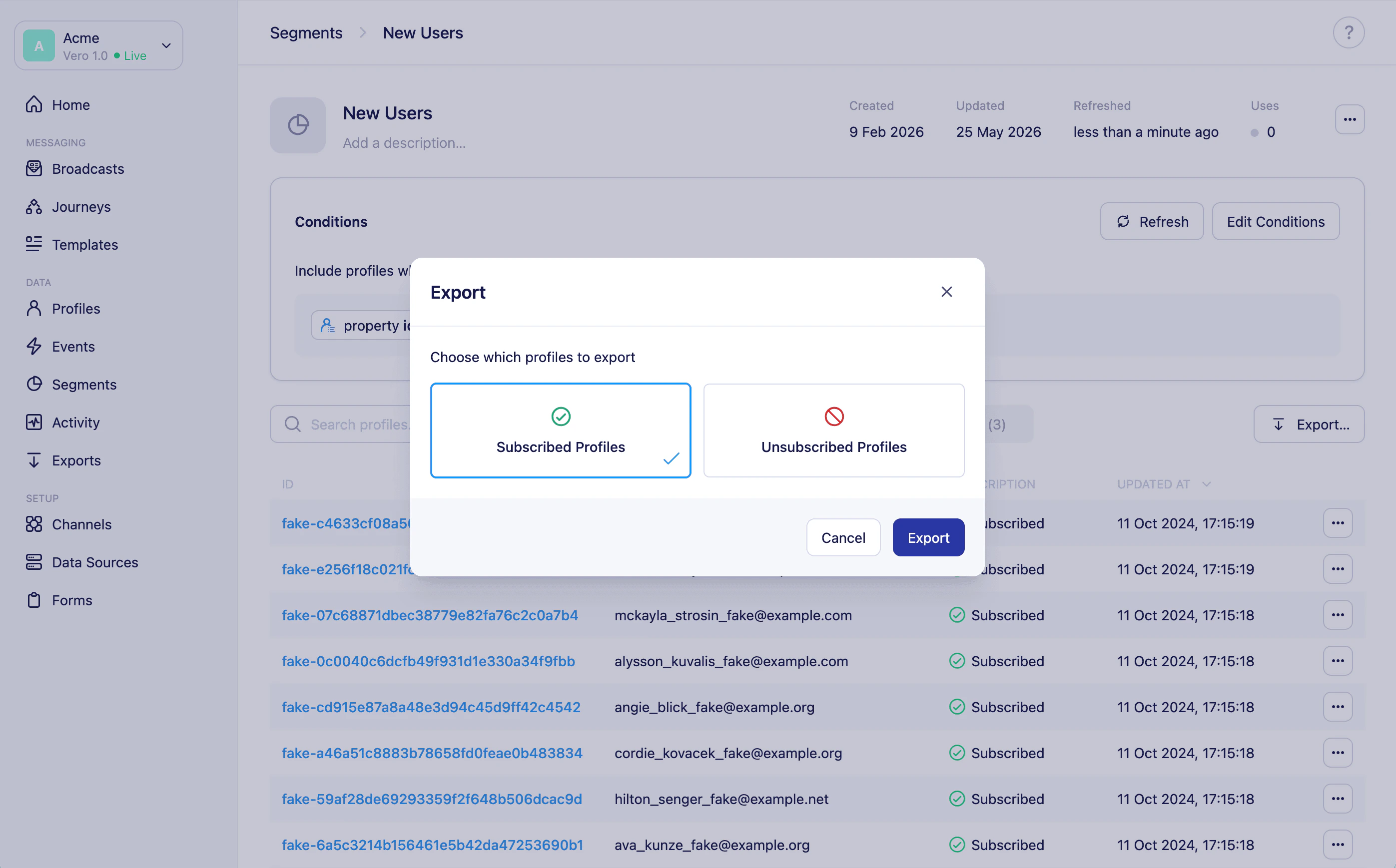 Export modal on the segment page showing Subscribed and Unsubscribed Profiles options