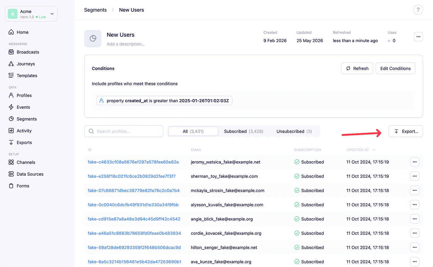 Segment page with the Export button highlighted