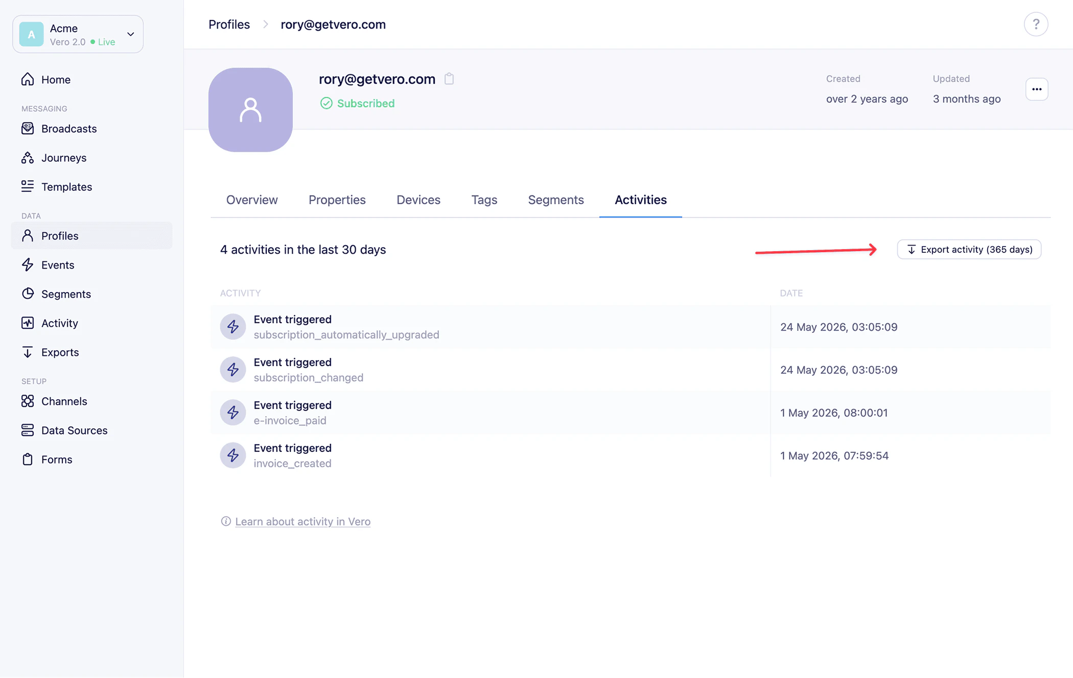 Profile activity page with the Export all activity button highlighted