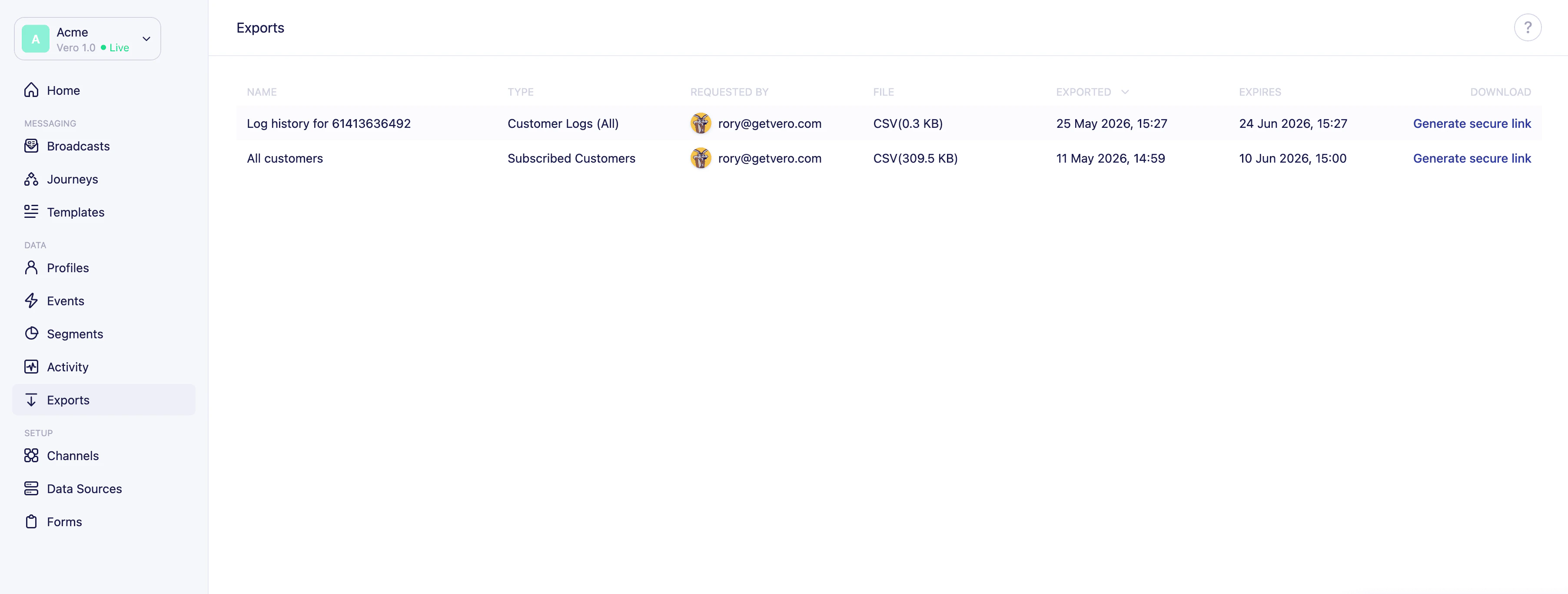 Exports page showing a list of exports with status and download options
