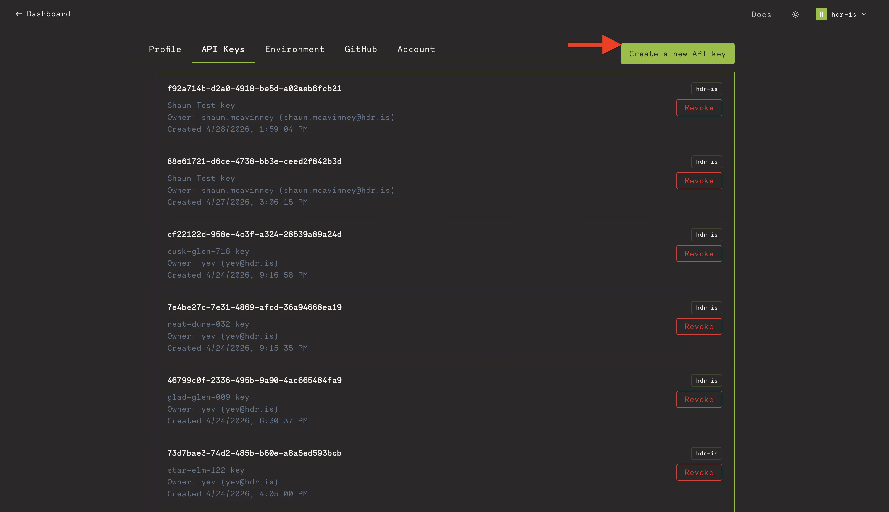 New API key creation form