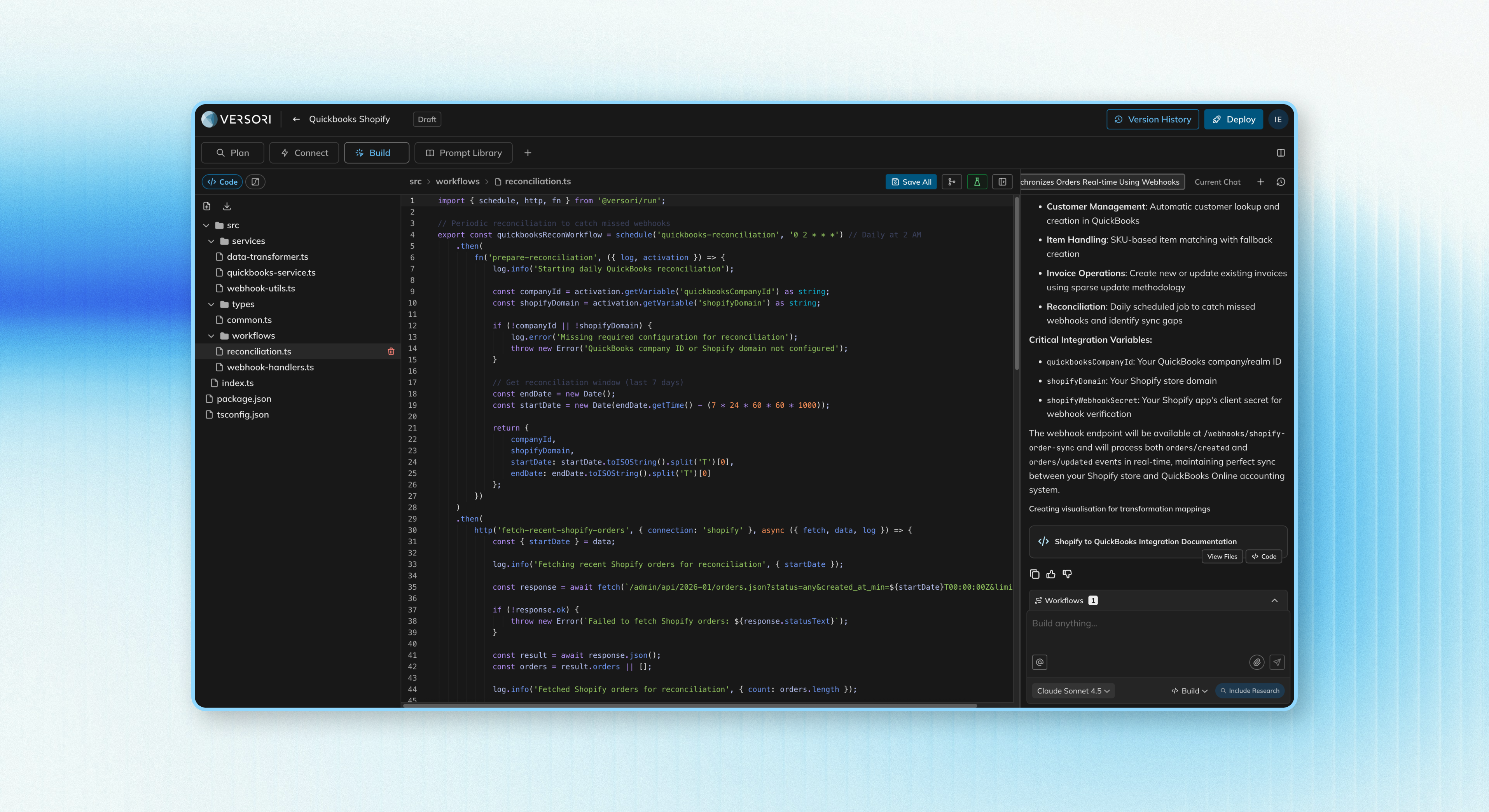 Versori UI hovering on a light blue gradient background.