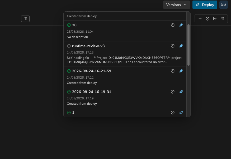 The version list showing a draft version proposed by the agent next to a deployed version