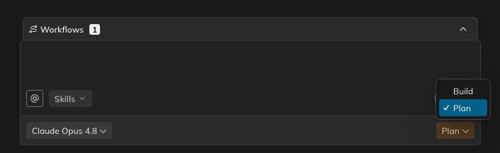 The Plan/Build toggle next to the chat send button