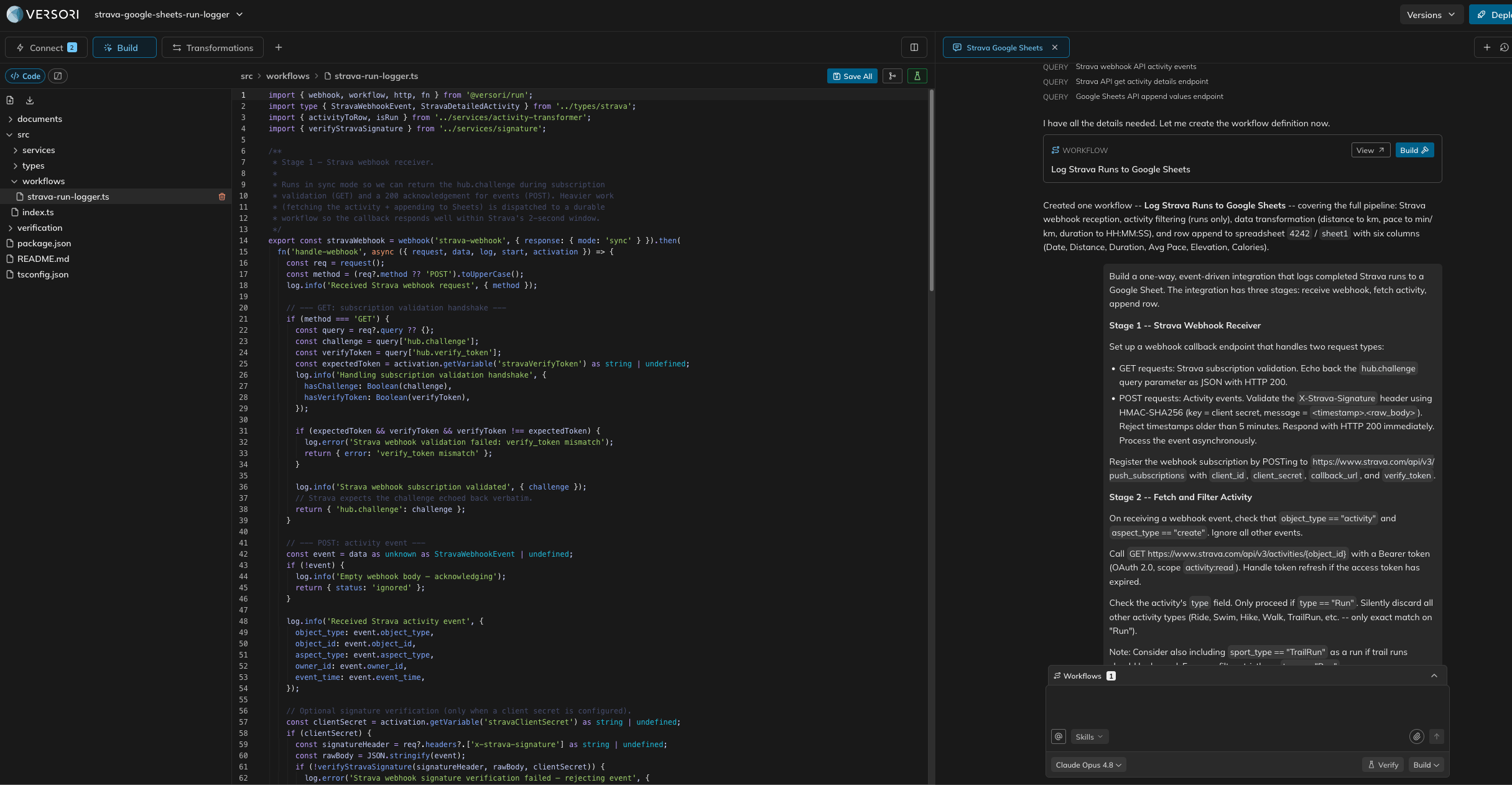 The chat panel showing planning and build turns in a single conversation