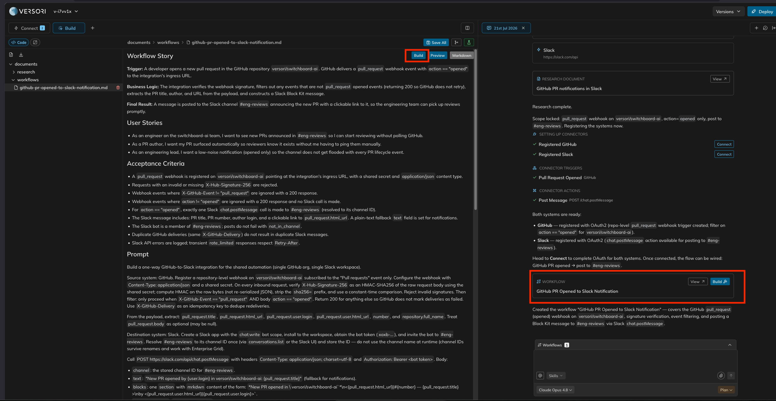 A planned workflow card with a Build button