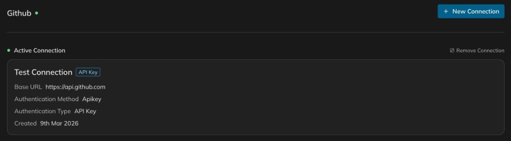 Active connection card showing Test Connection with API Key authentication, base URL https://api.github.com, and creation date
