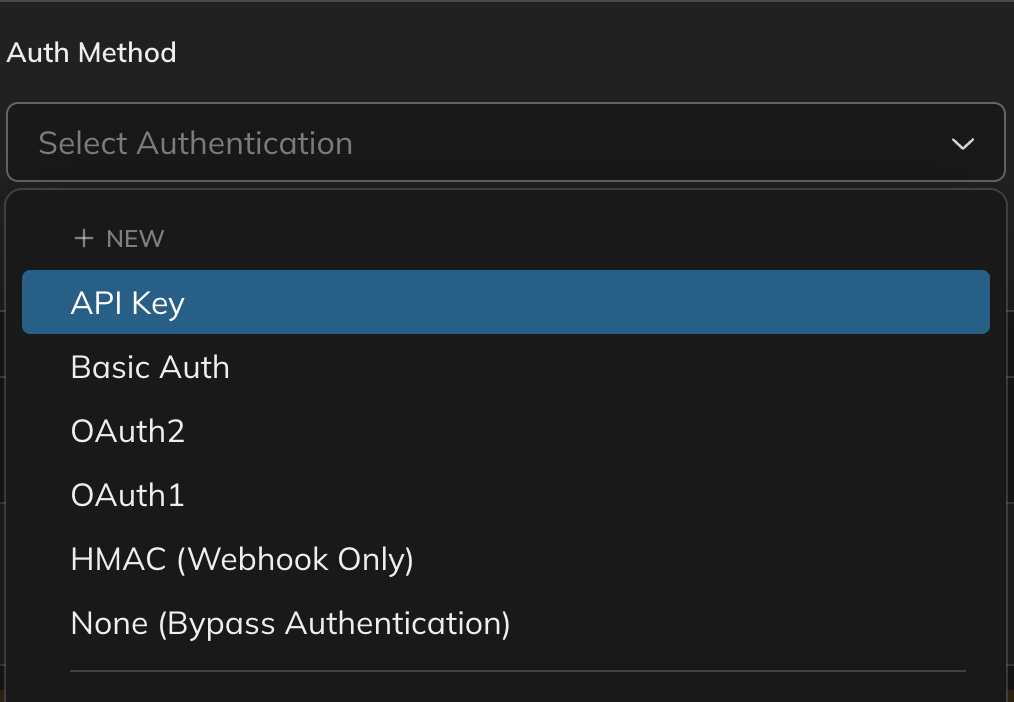 Authentication type dropdown showing API Key, Basic Auth, OAuth2, OAuth1, HMAC (Webhook Only), and None (Bypass Authentication) options