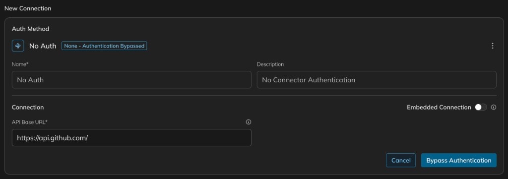New Connection form showing No Auth selected as the authentication method with fields for name, description, and API Base URL