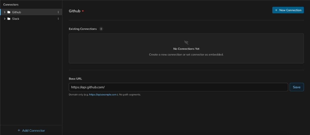 Connector overview showing Github and Slack connectors, an empty Existing Connections list, and a Base URL field set to https://api.github.com/