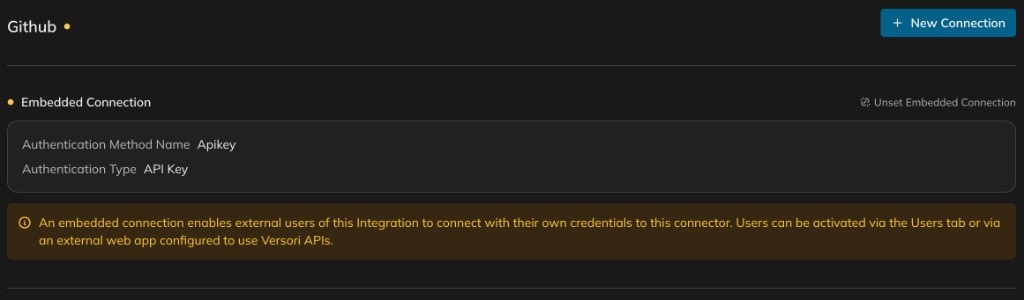 Embedded Connection view showing Authentication Method Name Apikey, Authentication Type API Key, and an info banner explaining that external users connect with their own credentials via the Users tab or Versori APIs