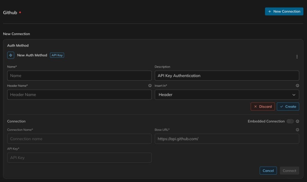 New Connection form with Auth Method section showing API Key fields for name, description, header name, and insert-in, and a Connection section with fields for connection name, base URL, and API key