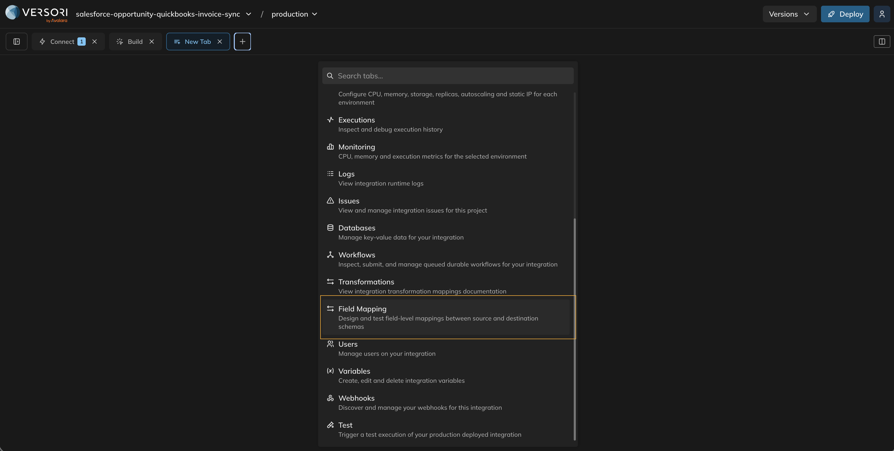 Workspace tab bar with the Field Mapping tab highlighted