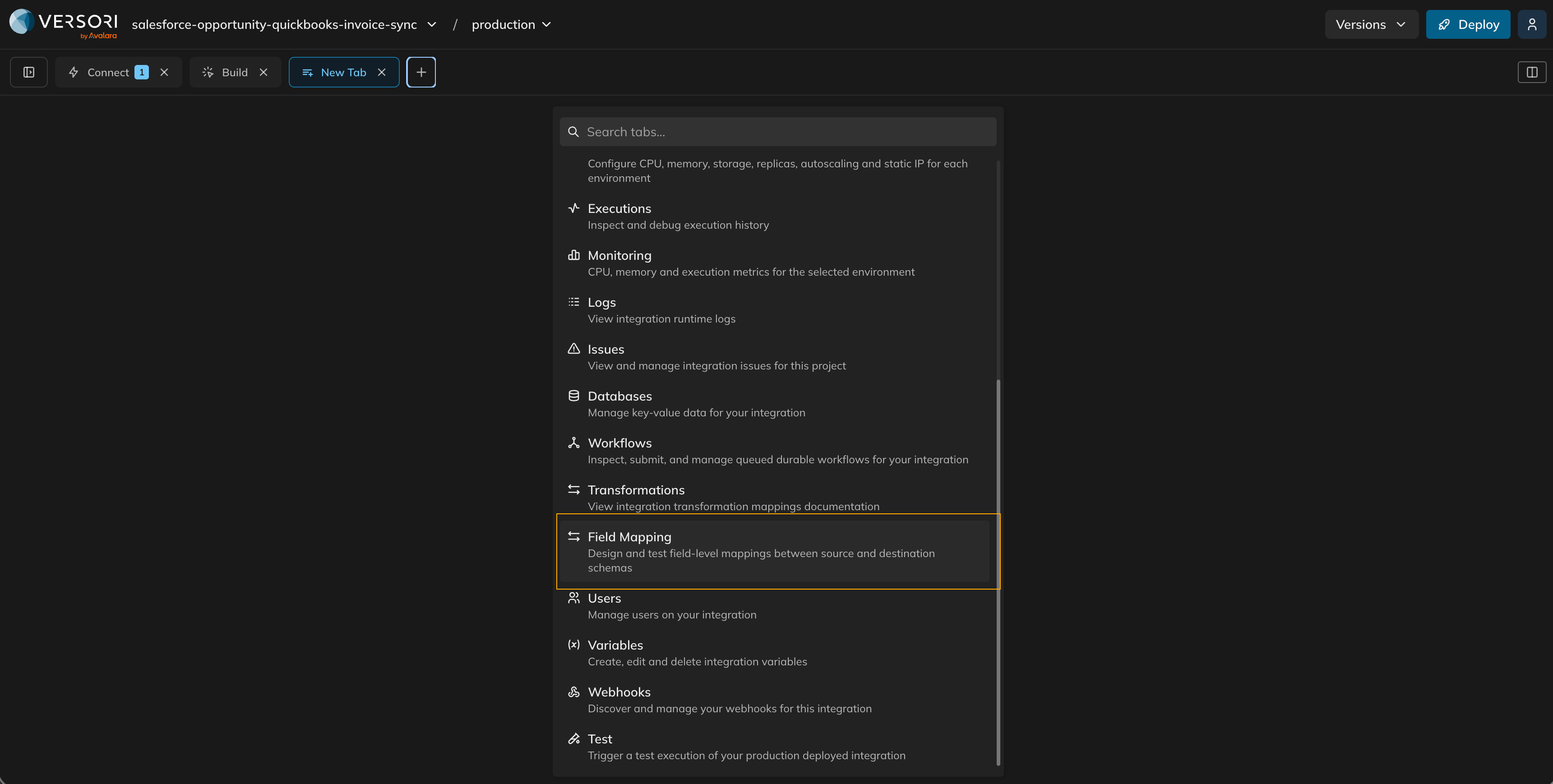 Workspace tab bar with the Field Mapping tab highlighted