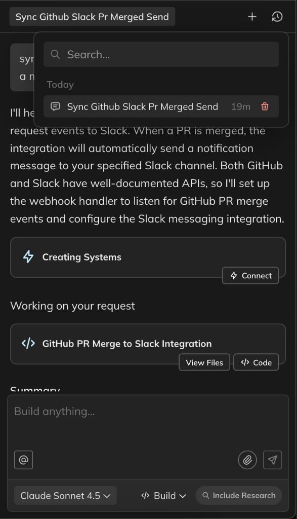 The chat history panel showing multiple chat sessions