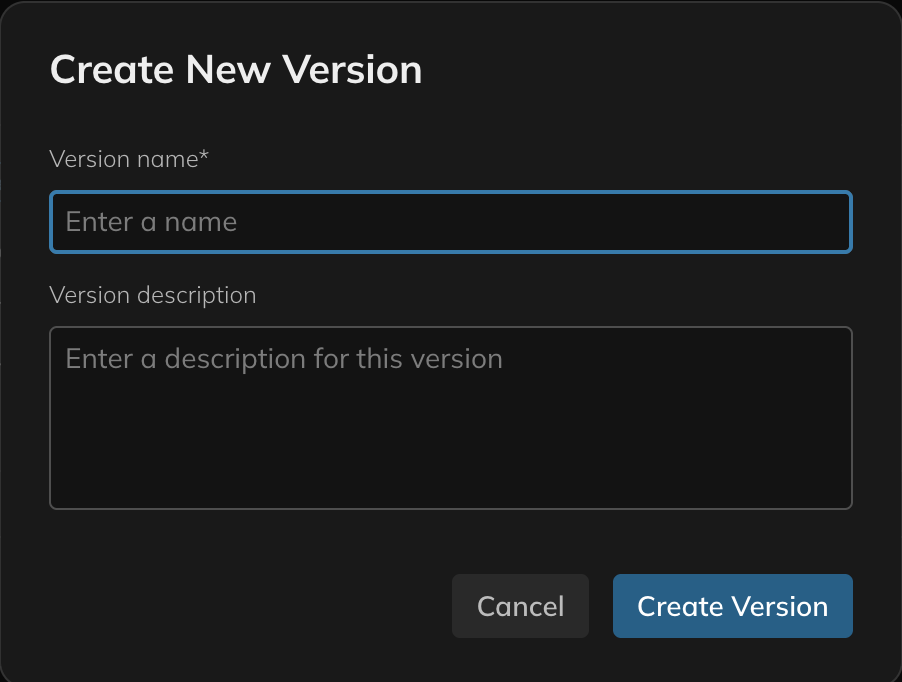 Create New Version dialog with fields for version name and description