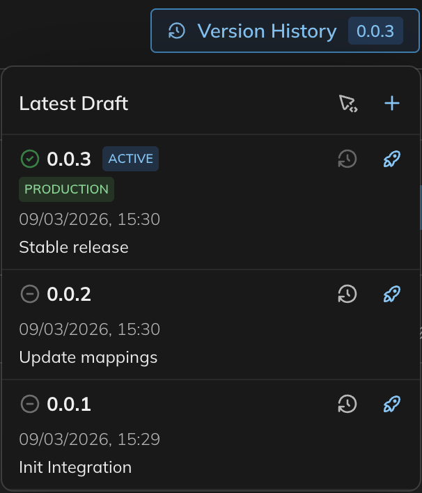 Version History popover showing a list of versions with their status, date, and description